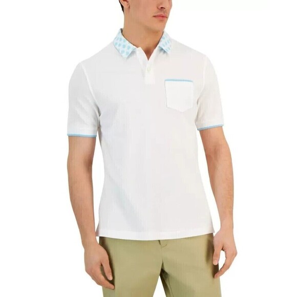 Club Room Mens Checker Collar Polo Shirt Chest Pocket Short Sleeve Cotton Blend - Picture 1 of 5